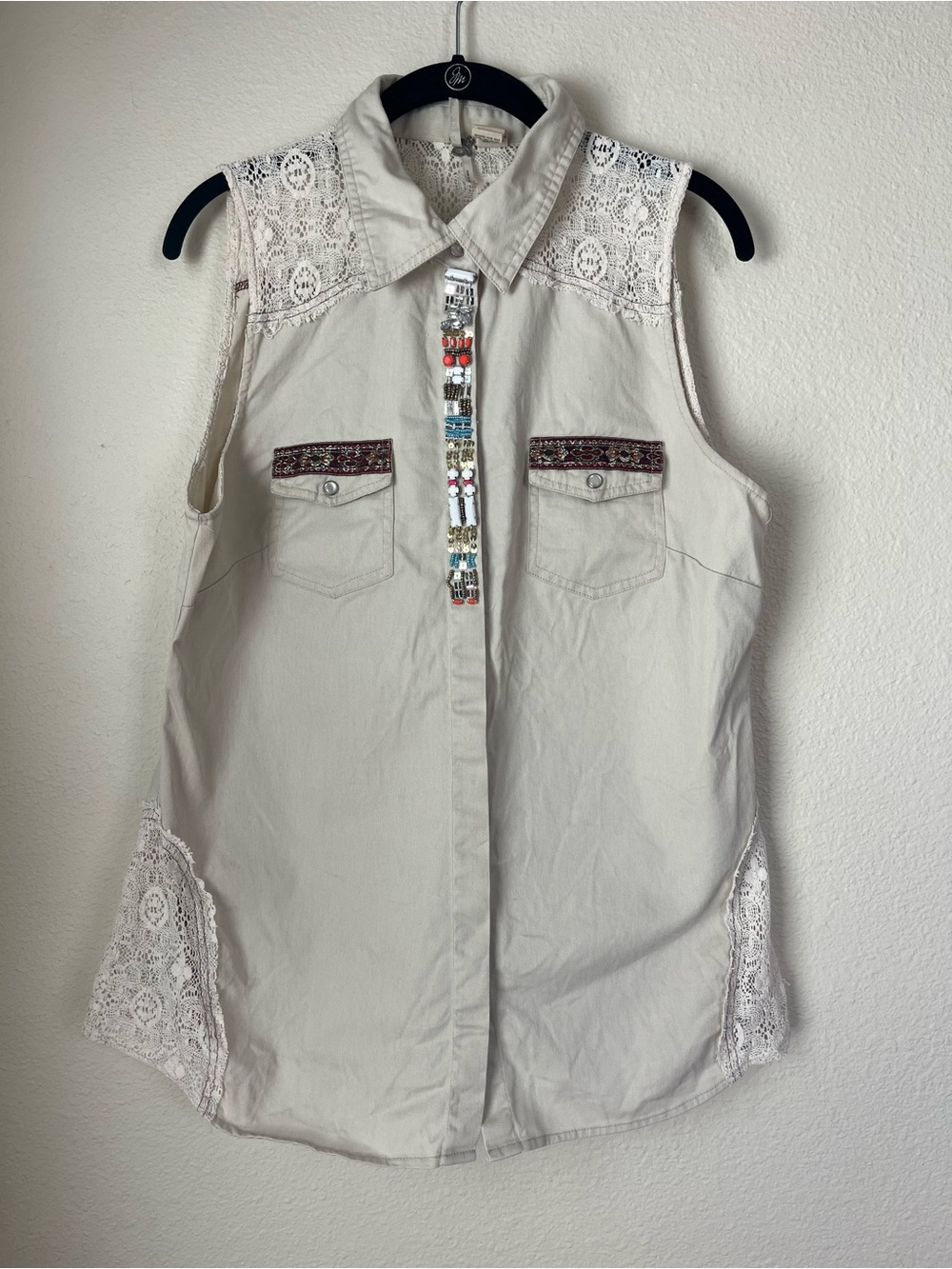 BKE Boutique Boho Western Lace Beaded Button Down Vest 100% Cotton Large Cowgirl